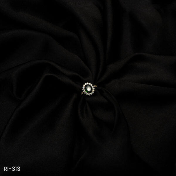 RI-313 - Gold Plated American Diamond & Emerald Green Oval Floral Adjustable Ring