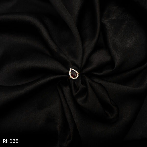 RI-338 - Golden Glow Finish American Diamond Teardrop Ruby Red Halo Adjustable Ring