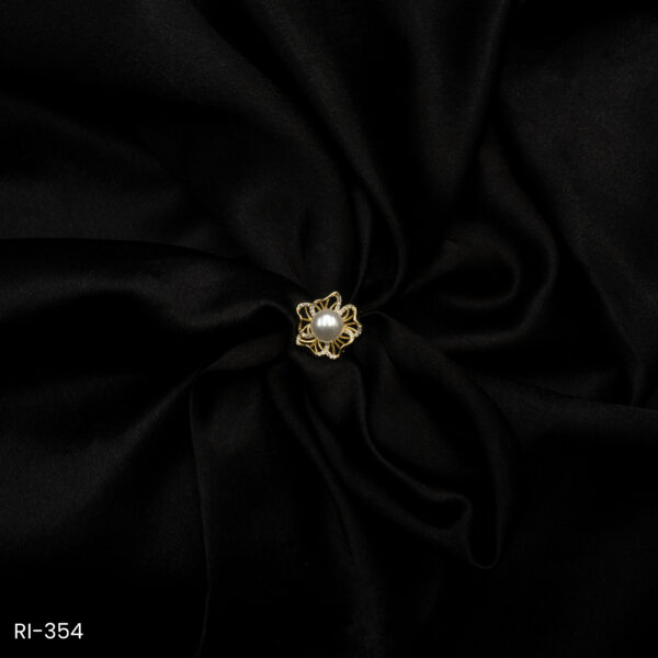 RI-354 - Gold Plated Floral Elegance American Diamond Lotus Pearl Adjustable Ring