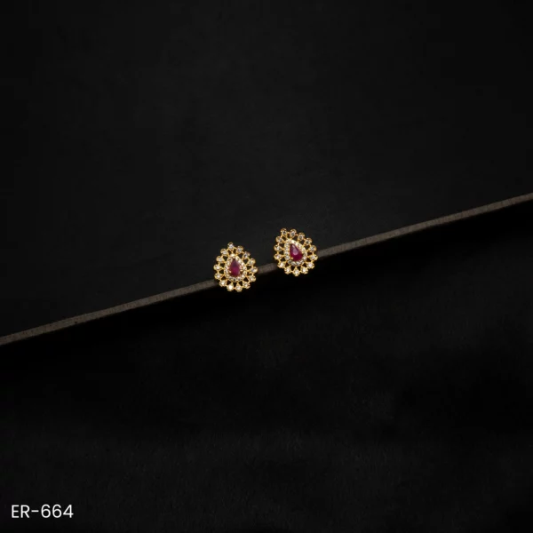 ER-664 - Gold Plated Teardrop Design American Diamond & Ruby Contemporary Stud Earrings