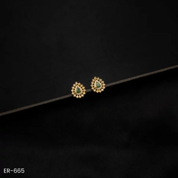 ER-665 - Gold Plated Teardrop Design American Diamond & Emerald Contemporary Stud Earrings