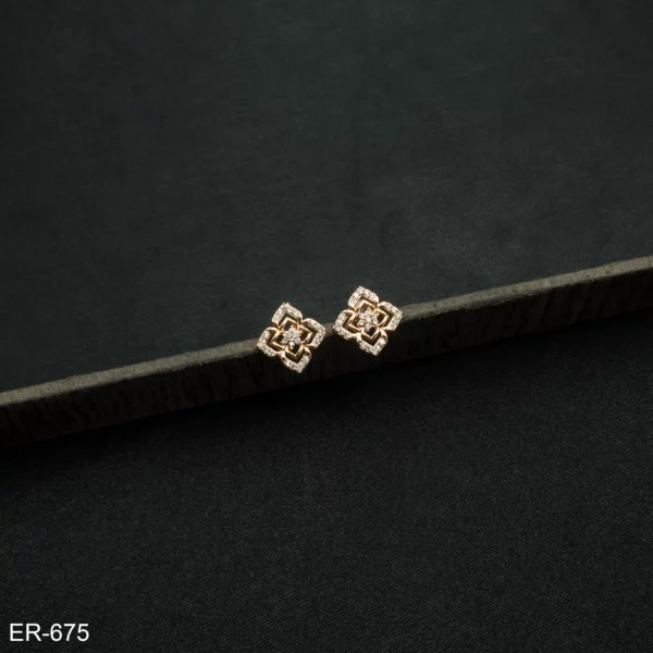 ER-675 - Dainty and Minimalist Gold Plated American Diamond Clover Studs