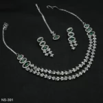 NS-391 - Layered Leaf Design American Diamond & Emerald Necklace with Earrings & Maang Tika