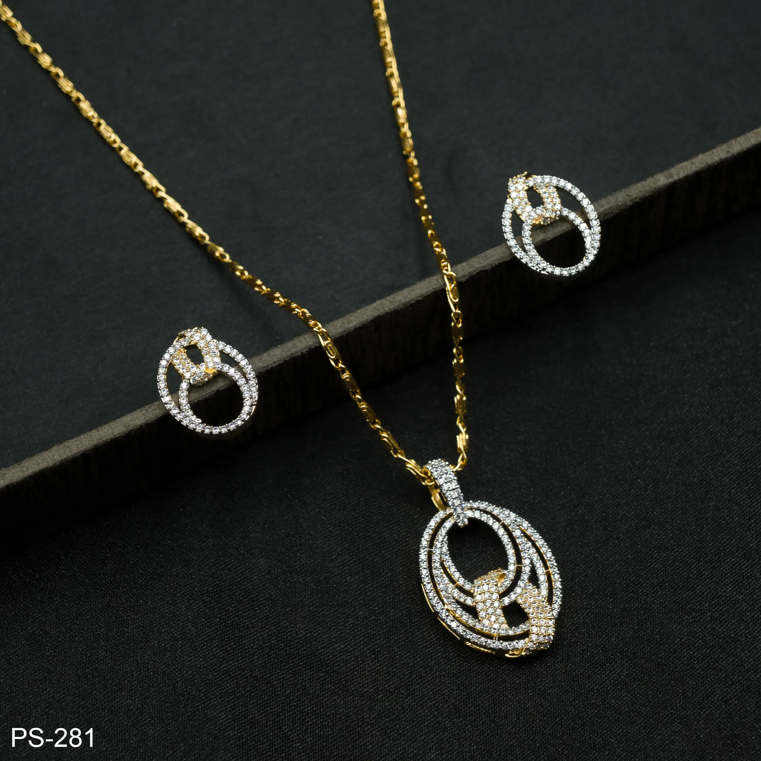 PS-281 - Contemporary Overlapping Loops American Diamond Oval Pendant and Earring Set PS-281 - Contemporary Overlapping Loops American Diamond Oval Pendant and Earring Set