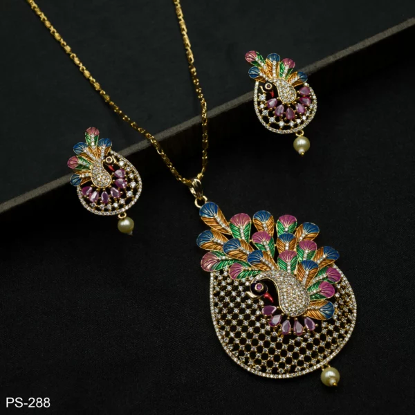 PS-288 - Artistic Multicolor Meenakari Peacock Pendant Set with American Diamonds