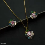 PS-292 - Vibrant Festive Wear Oval Ruby & Multicolor Stone Navratna Pendant Set