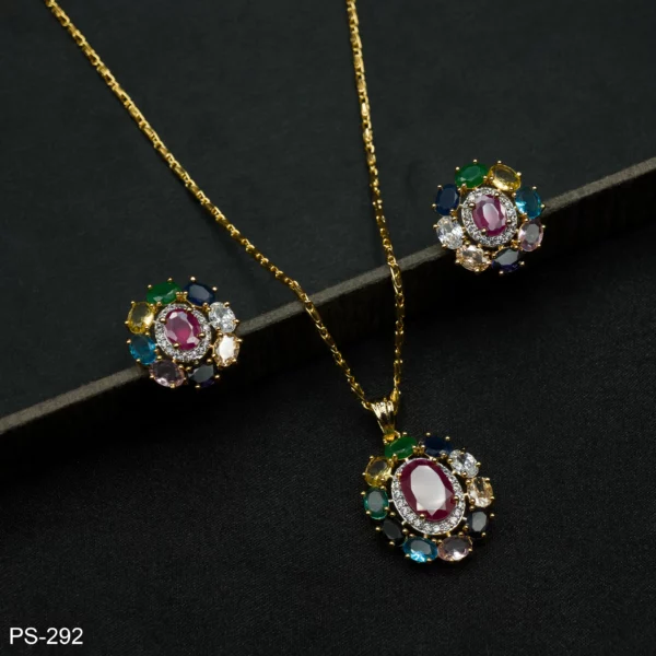 PS-292 - Vibrant Festive Wear Oval Ruby & Multicolor Stone Navratna Pendant Set