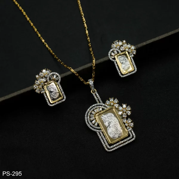 PS-295 - Two-Tone Rectangular Coin Bar Pendant Set with Floral Cluster
