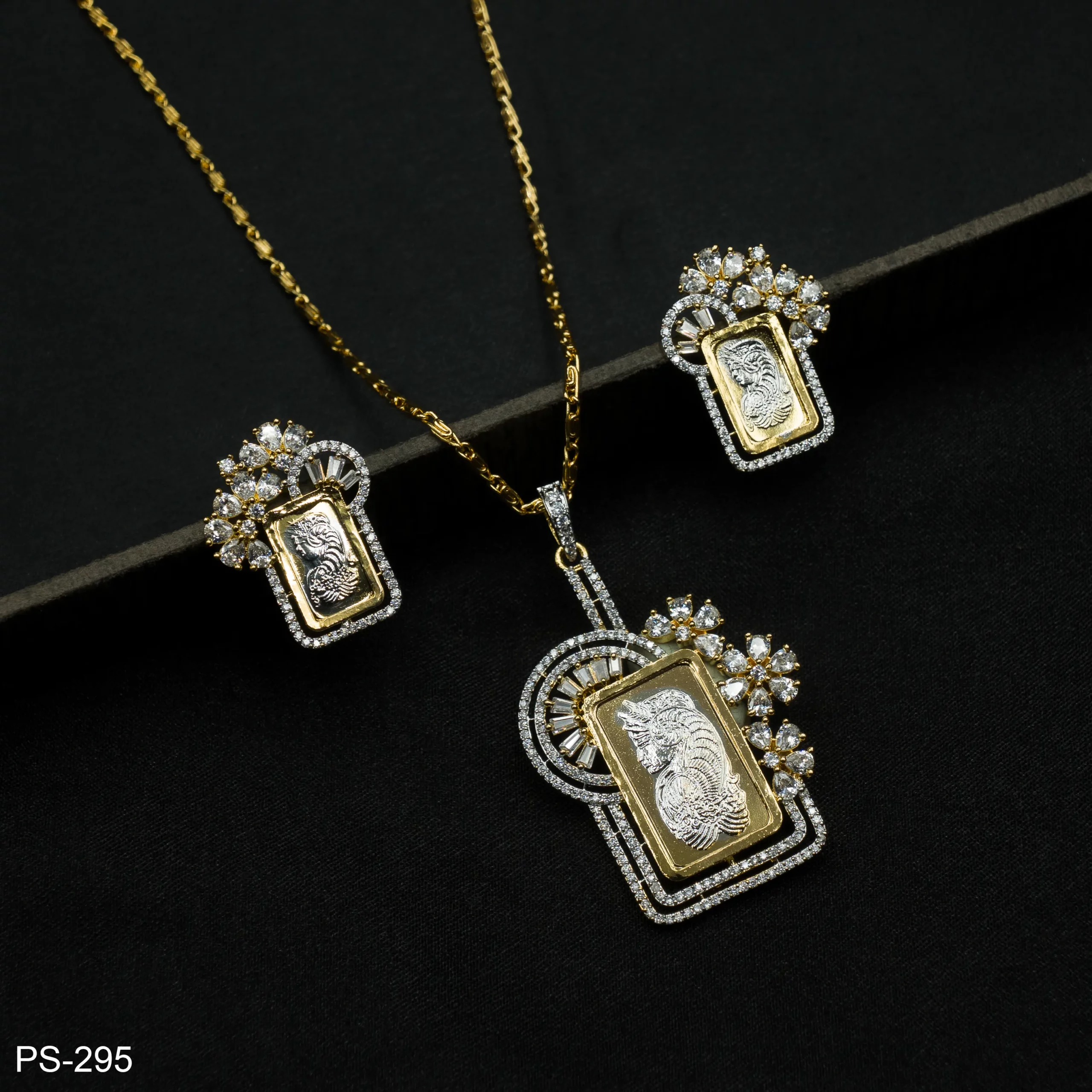 PS-295 - Two-Tone Rectangular Coin Bar Pendant Set with Floral Cluster PS-295 - Two-Tone Rectangular Coin Bar Pendant Set with Floral Cluster
