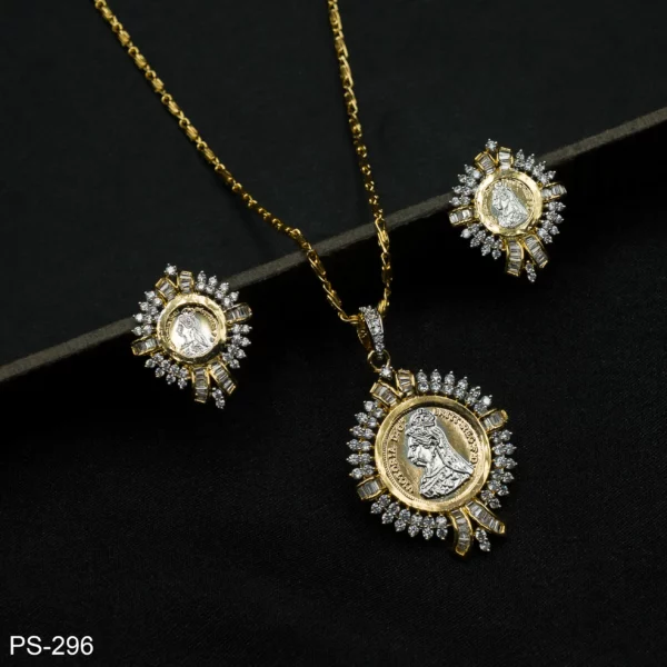 PS-296 - Two-Tone Vintage Coin Pendant Set with Baguette Sunburst Halo