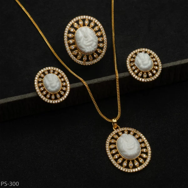 PS-300 - Divine Serenity Traditional White Muga Ganesh Pendant Set With American Diamonds