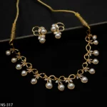 NS-317 - Elegant Gold Finish Pearl Leaf Contemporary Collar Necklace Set