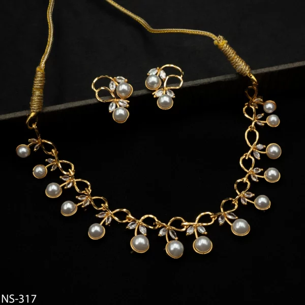 NS-317 - Elegant Gold Finish Pearl Leaf Contemporary Collar Necklace Set