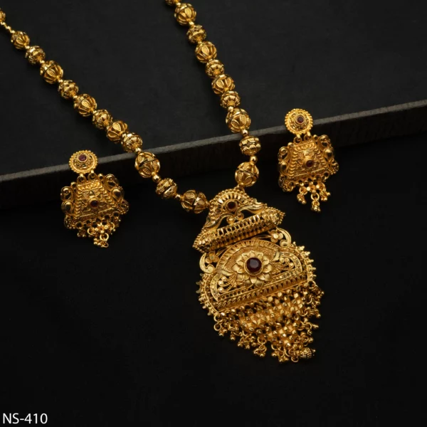 NS-410 - Grand Gold Plated Heavy Traditional Long Necklace with Red Stone