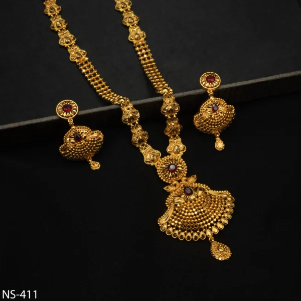 NS-411 - Timeless Charm Traditional Jhumka Style Gold Plated Long Necklace Set