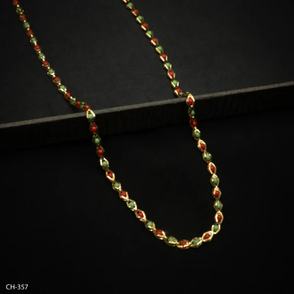 CH-357 - Radiant Gold Tone Chain Featuring Bold Red & Green Beaded Links