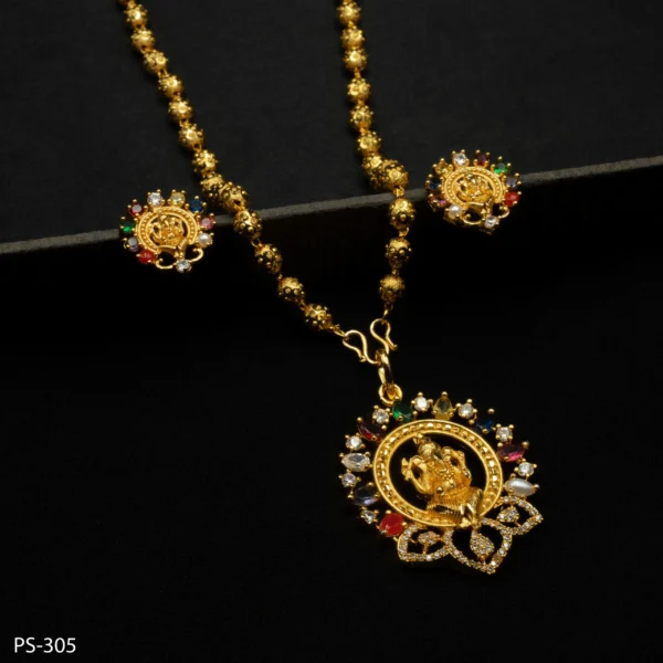 PS-305 - Vibrant Gold Plated American Diamond & Navratna Ganesha Pendant Set