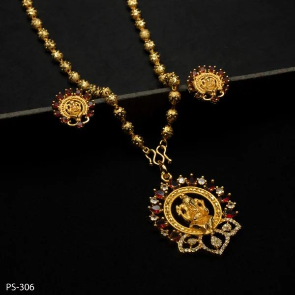 PS-306 - Vibrant Gold Plated American Diamond & Ruby Ganesha Pendant Set