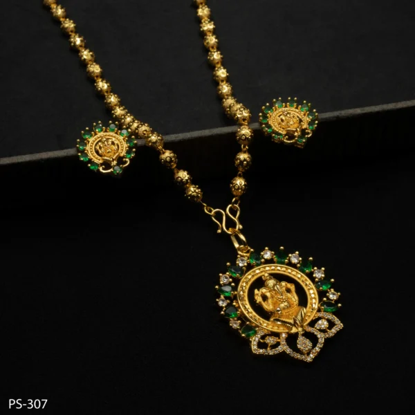 PS-307 - Vibrant Gold Plated American Diamond & Emerald Ganesha Pendant Set