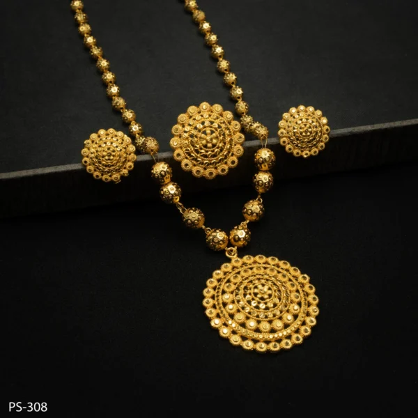 PS-308 - Intricate Gold Plated Complete Traditional Set for Weddings and Festivals with Necklace, Earrings & Ring